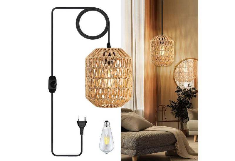 SERBASIC Pendelleuchte Dimmbar Boho Rattan hängelampe mit Stecker für Schlafzimmer Balkon, Indoor/Outdoor Pendelleuchte Esstisch mit 4.5M Kabel von SERBASIC