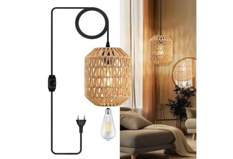 SERBASIC Pendelleuchte Dimmbar Boho Rattan hängelampe mit Stecker für Schlafzimmer Balkon, Indoor Pendelleuchte Esstisch mit 4.5M Kabel von SERBASIC
