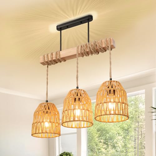 SERBASIC Deckenleuchte Rattan Lampe mit Glühbirne, E27 Hängelampe Boho Pendelleuchte Deckenlampe Vintage Lampe Decke Hängeleuchte für Wohnzimmer Esszimmer Schlafzimmer Küche Flur von SERBASIC