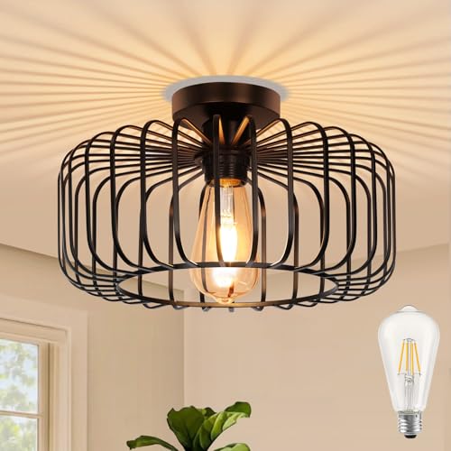 SERBASIC Deckenleuchte Schwarz Deckenlampe LED mit Glühbirne, Wohnzimmerlampe Decke Modern aus Metall E27 Lampe Decke Deckenlampe Vintage Deckenleuchte Industrial für Küche Flur Schlafzimmer Esszimmer von SERBASIC