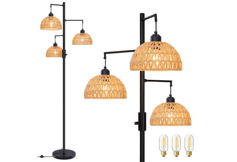 SERBASIC Stehlampe Boho Stufenlos Dimmbar Stehlampe Wohnzimmer, mit 3 Led-Glühbirnen, Rattan Vintage Stehlampe mit Fußschalter für Schlafzimmer Büro von SERBASIC
