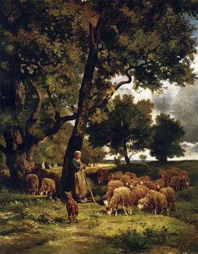 SERENDIPITP Abstrakte Leinwand Kunst Landschaft Wandkunst Dekoratives Wandgemälde Die hirtin und ihre herde von charles emile jacque Ölgemälde Kunstdrucke für Heimdekoration 60x90cm von SERENDIPITP
