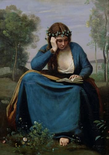 SERENDIPITP Abstrakte Leinwand Kunst Landschaft Wandkunst Dekoratives Wandgemälde der mit Blumen gekrönte Vorleser oder Virgils Muse von Jean Baptiste Camille Corot für Heimdekoration 60x90cm von SERENDIPITP