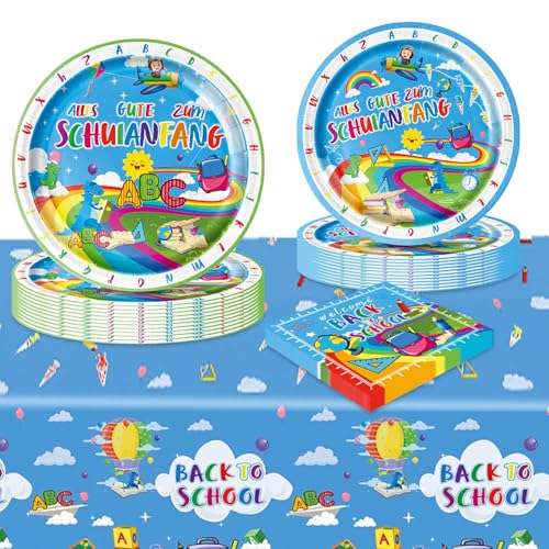 SERTAS 61 Teile Einschulung Partygeschirr Set , 20 Personen Einschulung Deko ZubehöR FüR Die Schule, Blau Abc Schulanfang Deko FüR Jungen Und MäDchen von SERTAS