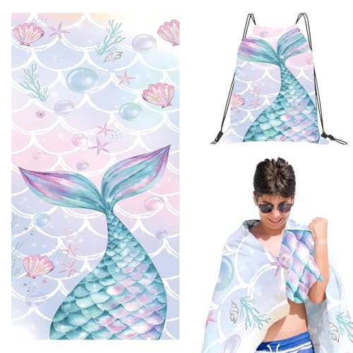 SERTAS Meerjungfrau Handtuch Kinder und Turnbeutel Set, Sand Free Kids Beach Towel Quick Dry，Ultra Absorbent & mikrofaser Strandtuch（70×140CM） von SERTAS