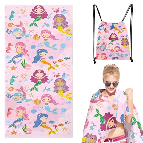 SERTAS Meerjungfrau Kinder Strandtuch und Turnbeutel Set, Sand Free Kids Bath Towel Quick Dry，Ultra Absorbent & mikrofaser Strandtuch（70×140CM） von SERTAS