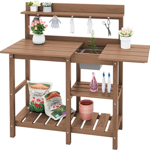SERWALL Pflanzbank für den Außenbereich, Pflanztisch mit Spüle, HDPE-Blumenbänke für den Außenbereich, Gartentisch, Allwettergebrauch, Braun von SERWALL