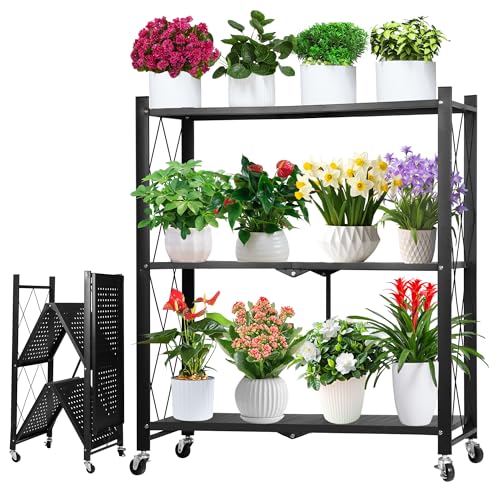 SERdeerCH 3-Tier Metall Klappbares Blumenregal für drinnen & draußen: Faltung,Stabile Eisenkonstruktion mit pulverbeschichtetem Schwarzton. Platzsparendes Design für Balkon, Wohnzimmer oder Garten. von SERdeerCH