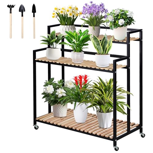 SERdeerCH 3-Tier Metallisches Pflanzenregal Klappregal mit Rollen – platzsparendes Etagen-Design für Innen & Außen. Perfekt für Balkon, Terrasse oder Garten. Praktisch,Stabiles und flexibel von SERdeerCH