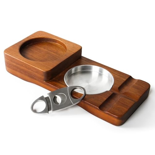 SERdeerCH Holz Zigarren Aschenbecher Aschenbecher mit Whiskey Glas Tablettund Zigarrenhalter+ 1 Edelstahl Zigarrenabschneider, von SERdeerCH
