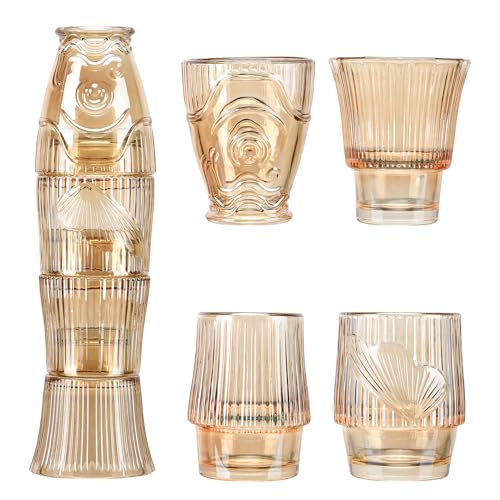 SERdeerCH Stapelbare Trinkgläser Stapelbare Glasbecher Koi-Trinkgläser im Fisch-Design Whiskey Gläse Fischstapelgläser Wassergläser 4 Stück Gold von SERdeerCH