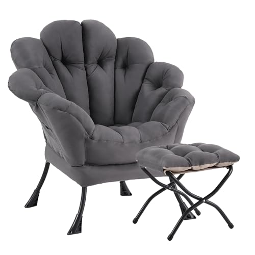 SESHINELL Blütenförmiger Relaxsessel mit Hocker, Loungesessel mit Metallrahmen, Lesesessel für Wohnzimmer, Schlafzimmer, Ankleidezimmer, Dunkelgrau von SESHINELL
