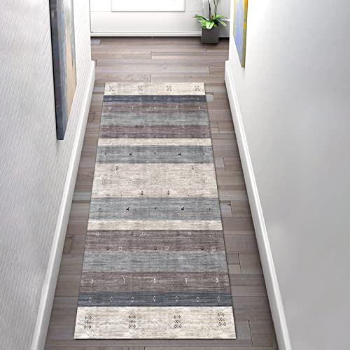 SESOUK Läufer Teppich Flur Korridor rutschfest 60×100cm, Moderner Schlichter Grauer Blauer Streifen Waschbar Küchenläufer TeppichLäufer für Flur Schlafzimmer Wohnzimmer von SESOUK