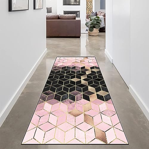 SESOUK Teppich Läufer Flur TeppichLäufer rutschfest 120×200cm, 3D Geometrisches Rosa Schwarzes Muster Polyester Waschbar für Schlafzimmer Korridor Teppich Läufer Flur Lang, Anpassbare Größe von SESOUK