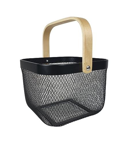 Aufbewahrungskorb Metall mit Holzgriff schwarz 26x26x18cm Allzweckkorb Drahtkorb Küche Bad Büro Vorratskammer von Sesua