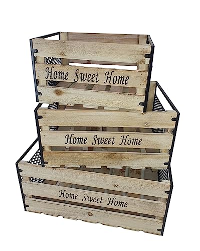 Deko Holzboxen mit Metall Home Sweet Home natur/schwarz versch. Größen Holzkisten Organizer Aufbewahrung (3erSet) von SESUA