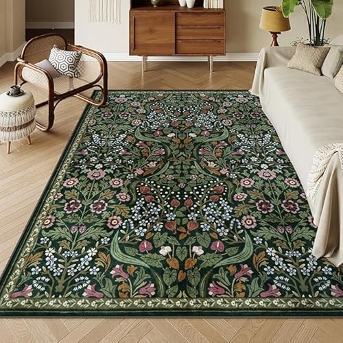 SETHEPACE Boho Blumen Teppich Wohnzimmer 60x180 cm, Vintage Waschbarer Teppich Schlafzimmer, Esszimmer, Teppiche Eingangsbereich Innen, Kurzflor Teppiche Weich mit Rutschfester Unterseite, Grün von SETHEPACE