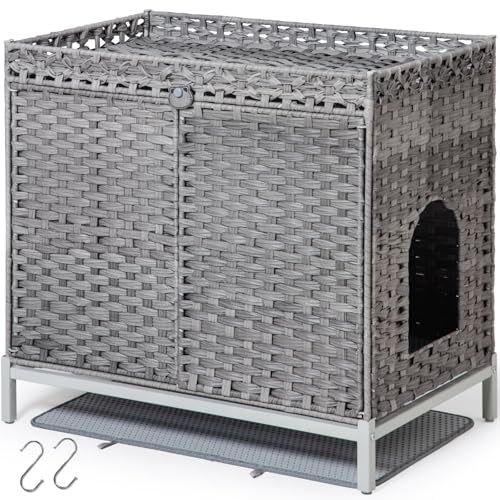 SETVSON Katzentoilette mit Möbeln, verstecktes handgewebtes Rattanklo mit Matte, großes Katzenhaus mit Metallfüßen, 76 x 47 x 71 cm, Innenbereich, für Wohnzimmer, Schlafzimmer, Grau von SETVSON