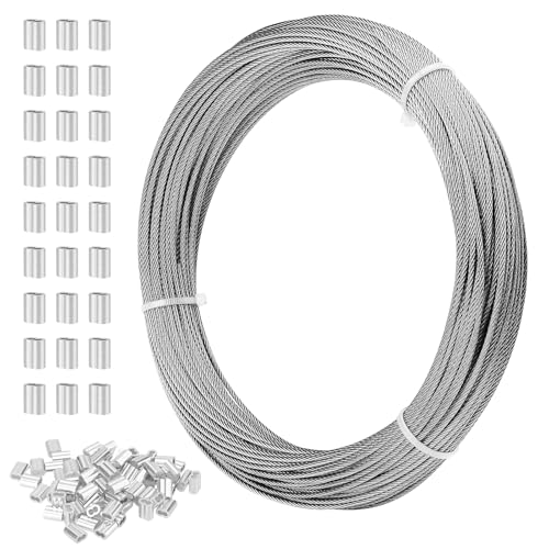 SEUICYNE 1 Stück Edelstahl Drahtseil 2mm 50M, 316 Edelstahldrahtkabel Stahlseil Ummantelt mit 70 Aluminiumhülsen 7 x 7 Litzenkern für Aufhängen Wäscheleine Gartenarbeit Handwerk, 167kg Bruchfestigkeit von SEUICYNE