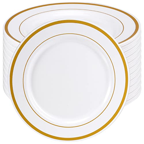 SEUNMUK 50 Pack 7,5 Zoll wiederverwendbare Premium-Plastik-Essteller mit Goldrand, Multi-Use-Plastik-Dinner-Party-Teller für Dessert, Suppe, Salat, Hochzeiten und Partys von SEUNMUK