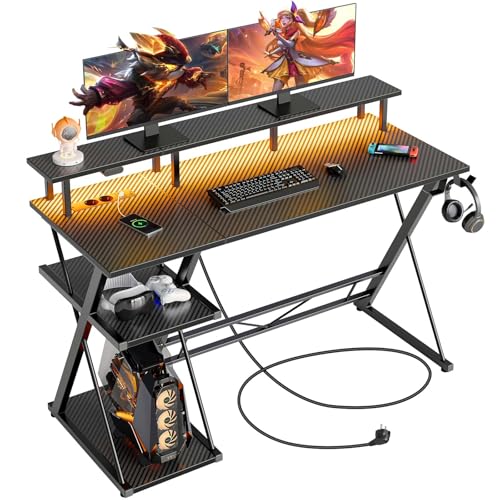 SEVEN WARRIOR Gaming Tisch mit LED-Beleuchtung & Steckdosen, Gaming Schreibtisch mit Monitorständer, Computertisch mit 2 Haken, ideal für Arbeitszimmer Schlafzimmer Wohnzimmer von SEVEN WARRIOR
