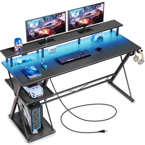 SEVEN WARRIOR Gaming Tisch mit LED & Steckdosen, 120 cm Computertisch mit Monitorständer & CPU Ständer, Schreibtisch mit 2 Haken & Fußstütze, perfekt für Schlafzimmer Büro,120 x 47 x 87 cm von SEVEN WARRIOR