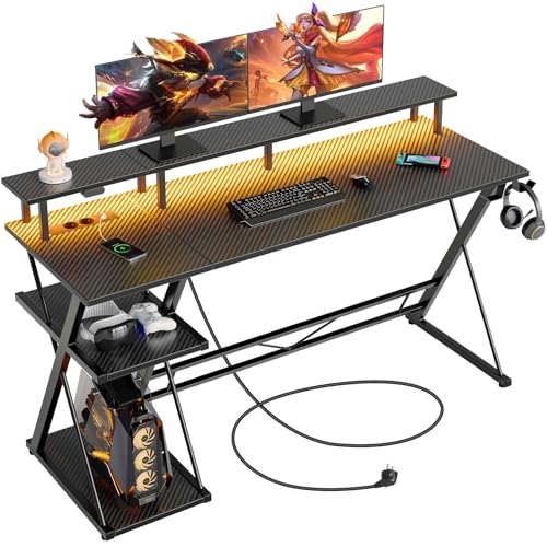SEVEN WARRIOR Gaming Tisch mit LED & Steckdosen, Schreibtisch mit Monitorständer & Monitorhalterung, Computertisch mit 2 Haken, perfekt für Schlafzimmer Schreibtisch Wohnzimmer (120 cm) von SEVEN WARRIOR