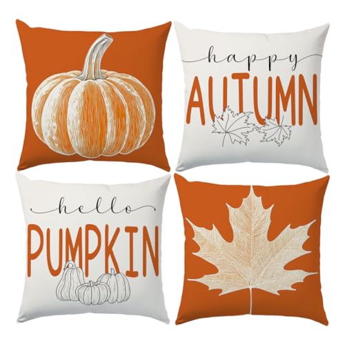 4er Set Herbst Kissenbezüge 45 x 45 cm, Orange Kürbis Ahornblatt Kissenbezug Herbst Deko für Sofa Zuhause 4er Set Herbst Kissenbezüge 45 x 45 cm, Orange Kürbis Ahornblatt Kissenbezug Herbst Deko für Sofa Zuhause von SEVENWELL