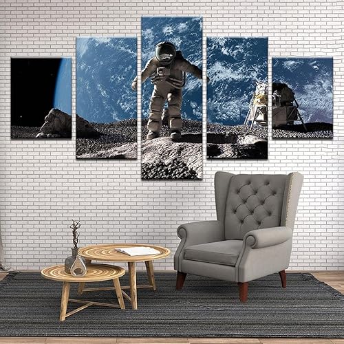 SEVENYXX 5 Teilige Kunstdruck Leinwandbilder 5 Teiliges Wandbild Astronaut auf dem Mond Illustration Kunstdruck Auf Leinwand Leinwandbilder Wohnzimmer Schlafzimmer Wandbilder Wohnzimmer Modern von SEVENYXX