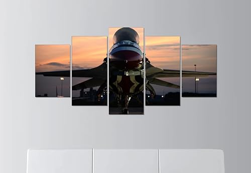 SEVENYXX 5 Teilige Kunstdruck Leinwandbilder 5 Teiliges Wandbild F-16 auf der Rollbahn in der Morgendämmerung Militärflugzeug Kunstdruck Auf Leinwand Leinwandbilder Wohnzimmer Schlafzimmer Wandbilder von SEVENYXX