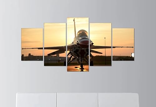SEVENYXX Leinwand Bilder 5 Teilig F-16 auf der Rollbahn bei Sonnenuntergang Militärflugzeug Wandbilder Wohnzimmer Modern Bilder, Poster, Kunstdrucke Büro Flur Bad Küchebilder -Ungerahmt von SEVENYXX