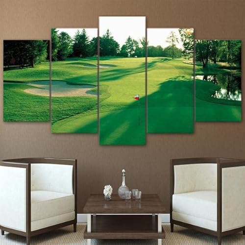SEVENYXX Leinwand Bilder 5 Teilig Golfplatz Morgens Golf spielen Wandbilder Wohnzimmer Modern Bilder, Poster, Kunstdrucke Büro Flur Bad Küchebilder -Ungerahmt von SEVENYXX