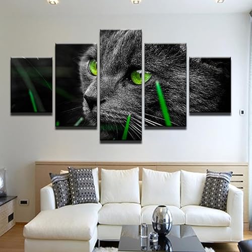 SEVENYXX Leinwand Bilder 5 Teilig Grünäugige Katze Wandbilder Wohnzimmer Modern Bilder, Poster, Kunstdrucke Büro Flur Bad Küchebilder -Ungerahmt von SEVENYXX