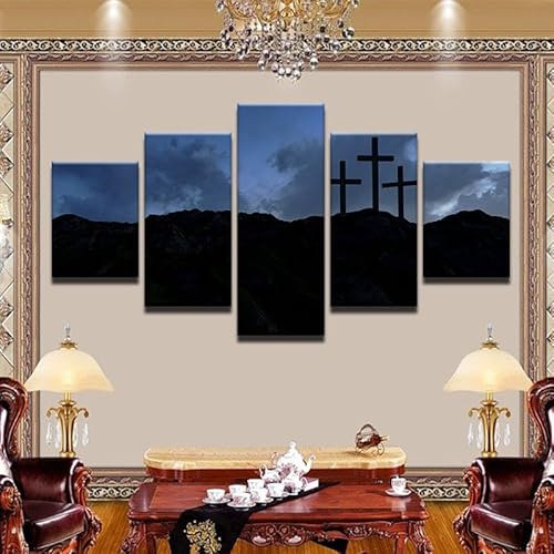 SEVENYXX Leinwand Bilder 5 Teilig Kreuze auf dem Hügel Wandbilder Wohnzimmer Modern Bilder, Poster, Kunstdrucke Büro Flur Bad Küchebilder -Ungerahmt von SEVENYXX