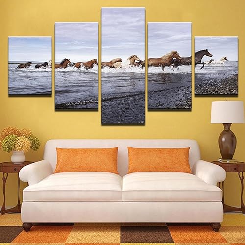SEVENYXX Leinwand Bilder 5 Teilig Pferde laufen im Meer Wandbilder Wohnzimmer Modern Bilder, Poster, Kunstdrucke Büro Flur Bad Küchebilder -Ungerahmt von SEVENYXX