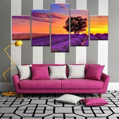 SEVENYXX Leinwand Bilder 5 Teilig Sonnenuntergang über Lavendelfeld Wandbilder Wohnzimmer Modern Bilder, Poster, Kunstdrucke Büro Flur Bad Küchebilder -Ungerahmt von SEVENYXX