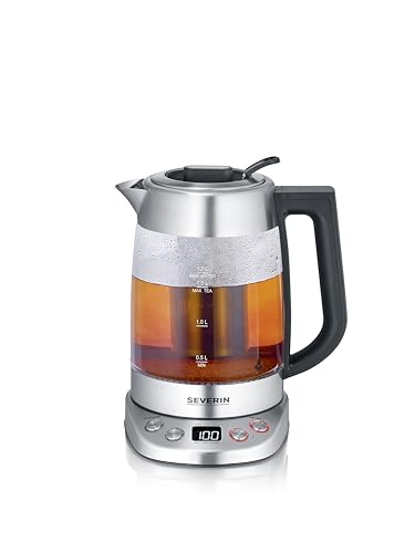 SEVERIN Glas Tee- & Wasserkocher Deluxe, Teekocher mit einstellbarer Temperatur & Ziehzeit, mit 5 Teeprogrammen & Warmhaltefunktion, max. 1,7 L Wasser, 3000 W, Edelstahl, WK 3480 von SEVERIN