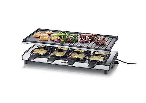 SEVERIN Raclette-Grill, Raclette mit großer antihaftbeschichteter Grillplatte und 8 Raclette Pfännchen, Tischgrill für bis zu 8 Personen, 1.700 W Leistung, Edelstahl-schwarz, RG 2375 von SEVERIN