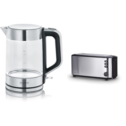 SEVERIN 3420-000 WK 3420 Wasserkocher, 2200, 1.7 liters, Glas-Edelstahl-gebürstet/schwarz & AT 2509 Automatik-Toaster (1.400 W, 2 Langschlitzkammern, für bis zu 4 Brotscheiben) Edelstahl/schwarz von SEVERIN