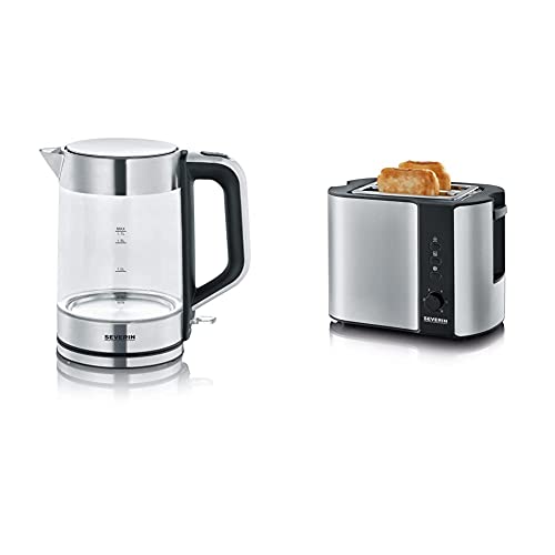 SEVERIN 3420-000 WK 3420 Wasserkocher, 2200, 1.7 liters, Glas-Edelstahl-gebürstet/schwarz & Automatik-Toaster, Inkl. Brötchen-Röstaufsatz, 2 Röstkammern, 800 W, AT 2589, Edelstahl/Schwarz von SEVERIN