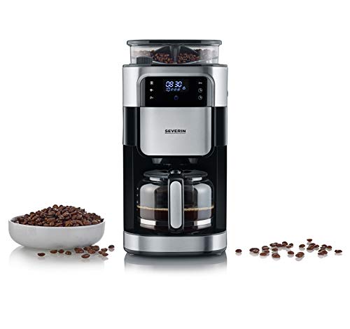 SEVERIN Kaffeemaschine mit Mahlwerk, Kaffeeautomat mit Glaskanne und Timer-Funktion, auch als Filterkaffeemaschine, für bis zu 10 Tassen Kaffee, 1000 Watt, schwarz/ Edelstahl, KA 4813 von SEVERIN