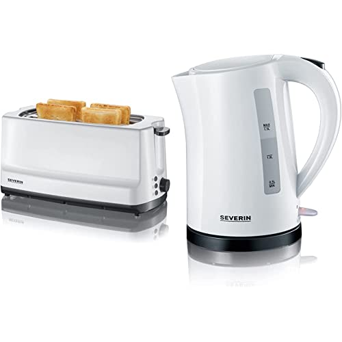 SEVERIN AT 2234 Automatik-Toaster (1.400 W, 2 Langschlitzkammern, Für bis zu 4 Brotscheiben) weiß/grau, 15x22x25cm & Wasserkocher, 1,5 L, ca. 2.200 W, WK 3494, Weiß/Schwarz von SEVERIN