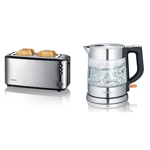 SEVERIN AT 2509 Automatik-Toaster (1.400 W, 2 Langschlitzkammern, für bis zu 4 Brotscheiben) Edelstahl/schwarz & WK 3468 Glas-Wasserkocher (ca. 2.200 W, 1 L) edelstahl/schwarz von SEVERIN