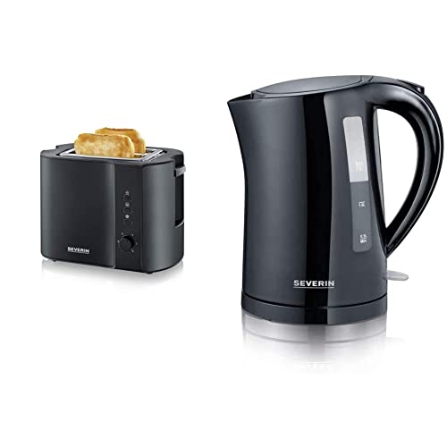 SEVERIN AT 9552 Automatik-Toaster (800 W, Inkl. Brötchen-Röstaufsatz, 2 Röstkammern) schwarz/matt & Wasserkocher, 1,5 L, ca. 2.200 W, WK 3498, Schwarz von SEVERIN