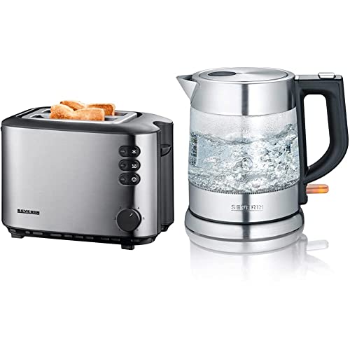 SEVERIN Automatik-Toaster, 2 Röstkammern, 850 W, AT 2514, Edelstahl/Schwarz & Glas Wasserkocher, leistungsstarker und kompakter Wasserkocher in hochwertigem Design, edelstahl/schwarz, WK 3468 von SEVERIN