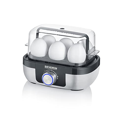 SEVERIN Eierkocher für 6 Eier mit elektronischer Kochzeitüberwachung, inkl. Messbecher mit Eierstecher, Eier Kocher mit Pochiereinsatz, Edelstahl-gebürstet/schwarz, 420 W, EK 3167 von SEVERIN
