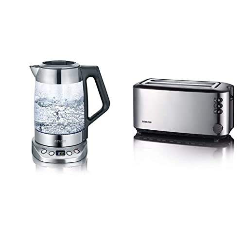 SEVERIN Glas-Tee-/Wasserkocher Deluxe, Mit Temperaturregler (Für 1,7 L Wasser/1,5 L Tee, ca. 3.000 W) edelstahl/schwarz & AT 2509 Automatik-Toaster (1.400 W, 2 Langschlitzkammern) Edelstahl/schwarz von SEVERIN
