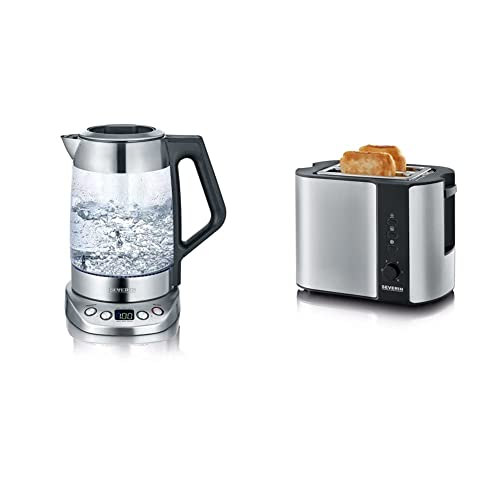 SEVERIN Glas Tee- und Wasserkocher, Teekocher, 3.000 W, Edelstahl, WK 3479 & Automatik-Toaster, Toaster mit Brötchenaufsatz, 800 W, Edelstahl-gebürstet/schwarz, AT 2589 von SEVERIN