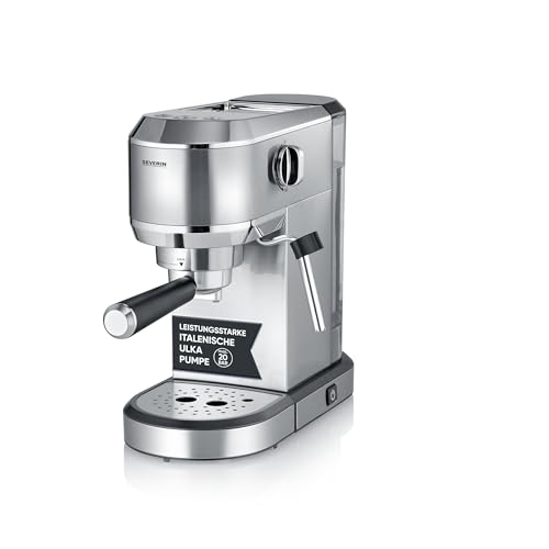 SEVERIN Espressomaschine Newspresa, Siebträgermaschine, ULKA Pumpe mit 20 bar, Milchaufschäumdüse, 1 L Wassertank, für ein oder zwei Tassen, silber, Edelstahl, 1.350 Watt, KA 5997 von SEVERIN