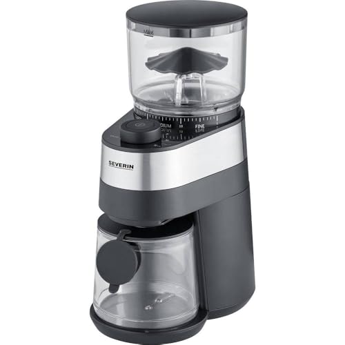 SEVERIN elektrische Kaffeemühle, aromaschonendes Scheibenmahlwerk, einstellbare Mengendosierung, Mahlgrad in 30 Stufen einstellbar, abnehmbarer Bohnenbehälter, 140 Watt, Edelstahl, KM 3880 von SEVERIN